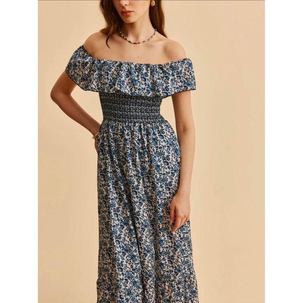 Zara Blue Floral Off the Shoulder Smocked Cotton Maxi Dress Size M 9878/112